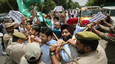 The Peoples Democratic Party (PDP) staged a protest and demanded the immediate rollback of the Agnipath military recruitment scheme. (PTI)