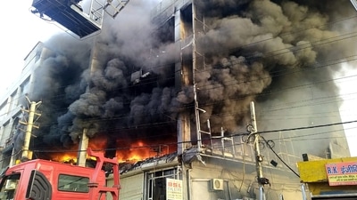 Flames and smoke from a fire in a building near Mundka metro station, in New Delhi.&nbsp; (ANI file)