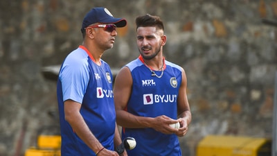 Umran Malik and Rahul Dravid in the nets during India vs South Africa series. (PTI) Umran Malik and Rahul Dravid in the nets during India vs South Africa series. (PTI)