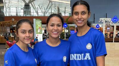 From left: Basketball player Komalpreet Kaur, coach Saloni and Indian Captain Manmeet Kaur from Ludhiana who will represent India in Jordan. (HT PHOTO)