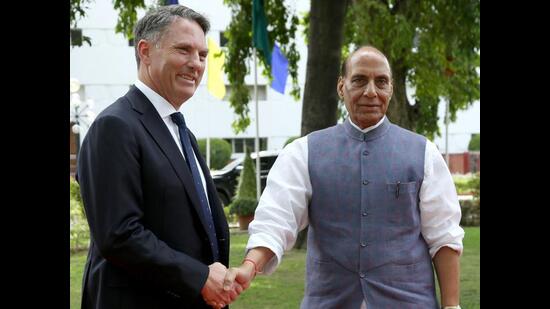 Union defence minister Rajnath Singh (right) with Australian deputy prime minister Richard Marles in New Delhi on Wednesday. (PIB Photo)
