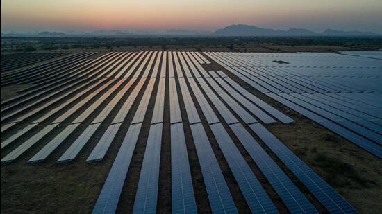 Photovoltaic panels at a solar farm in Karnataka’s Pavagada. India plans to expand its solar capacity to 280 gigawatts by the end of this decade. (Bloomberg File)