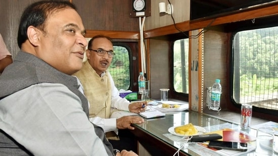 Assam Chief Minister Himanta Biswa Sarma undertakes a train journey from Guwahati to flood-affected areas in Nagaon on Wednesday.( ANI)