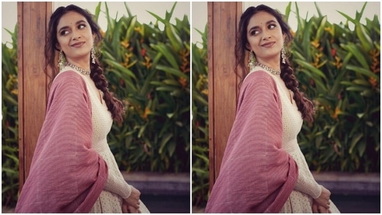 Styled by fashion stylist Archa Mehta, Keerthy wore her tresses into a messy braid with a middle part.(Instagram/@keerthysureshofficial)
