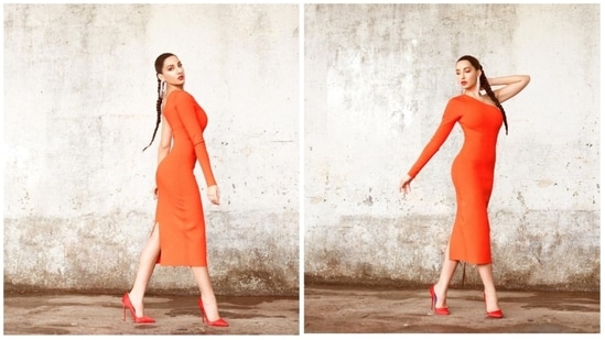 Nora Fatehi hit the fashion brief once again with a stunning tangerine asymmetrical dress that fit her like a glove. She paired her look with pointed matching heels from the world of Christian Louboutin.(Instagram/@norafatehi)