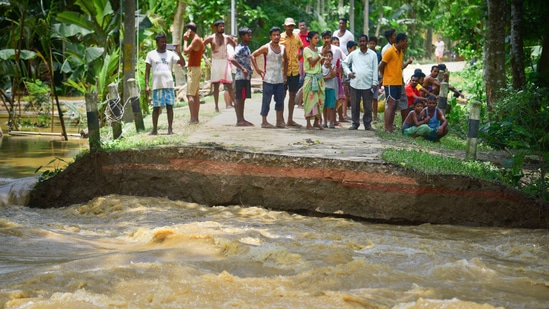 Among the worst affected districts of Assam, Barpeta with a population of 12,30,721 is reeling under flood waters followed by Darrang where 4,69,241people have been hit and Bajali where 3,38515 have been affected, according to the bulletin issued by the Assam State Disaster Management Authority (ASDMA).(PTI)
