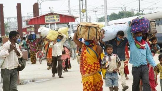 Patna, India – May 21, 2020: Migrants who arrived on Shramik Special trains from various states seen at Danapur Railway station in Patna, India, on Thursday, May 21 2020. (Photo by Santosh Kumar / Hindustan Times)