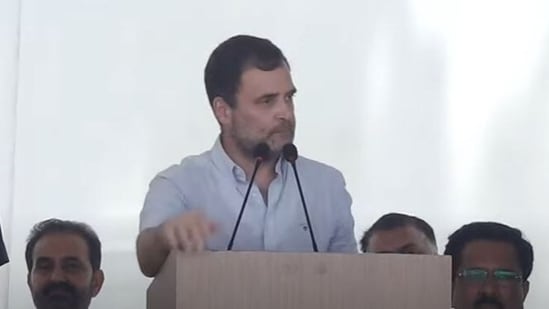 Rahul Gandhi addressing his partyworkers at the headquarters on Wednesday.&nbsp;