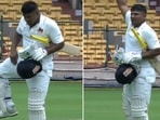 Sarfaraz Khan after reaching century in Ranji Trophy final