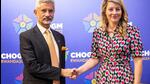 External Affairs Minister S Jaishankar with his Canadian counterpart, Minister of Foreign Affairs Mélanie Joly during their bilateral meeting on the margins of the CHOGM summit in Kigali, Rwanda. (S Jaishankar/Twitter)