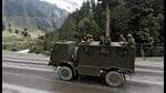 Indian army soldiers are seen atop a vehicle on a highway leading to Ladakh, at Gagangeer in Kashmir’s Ganderbal district (REUTERS/FILE)