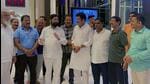 Maharashtra Shiv Sena MLA Dadaji Bhuse, MLA Sanjay Rathod and MLC Ravindra Phatak with Eknath Shinde, at Radisson Blu hotel in Guwahati, on Thursday. (ANI) Maharashtra Shiv Sena MLA Dadaji Bhuse, MLA Sanjay Rathod and MLC Ravindra Phatak with Eknath Shinde, at Radisson Blu hotel in Guwahati, on Thursday. (ANI)