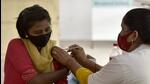 A woman being vaccinated against Covid-19 at the district hospital in Noida. (Sunil Ghosh/ HT) A woman being vaccinated against Covid-19 at the district hospital in Noida. (Sunil Ghosh/ HT)