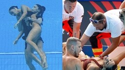 Anita Alvarez sendo resgatada por seu treinador no Campeonato Mundial de Esportes Aquáticos. 