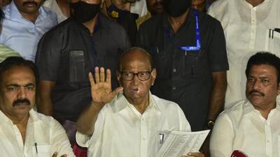 NCP chief Sharad Pawar along with Jayant Patil and Shashikant Pawar addresses the media at Y.B. Chavan Auditorium, in Mumbai on Thursday. (Anshuman Poyrekar/HT photo)