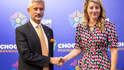 External Affairs Minister S Jaishankar with his Canadian counterpart, Minister of Foreign Affairs Mélanie Joly during their bilateral meeting on the margins of the CHOGM summit in Kigali, Rwanda. (S Jaishankar/Twitter) External Affairs Minister S Jaishankar with his Canadian counterpart, Minister of Foreign Affairs Mélanie Joly during their bilateral meeting on the margins of the CHOGM summit in Kigali, Rwanda. (S Jaishankar/Twitter)