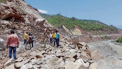 Restoration work underway on Jammu-Srinagar National Highway, near Dewal Bridge, in Udhampur on Thursday. (ANI) Restoration work underway on Jammu-Srinagar National Highway, near Dewal Bridge, in Udhampur on Thursday. (ANI)