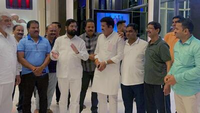 Maharashtra Shiv Sena MLA Dadaji Bhuse, MLA Sanjay Rathod and MLC Ravindra Phatak with Eknath Shinde, at Radisson Blu hotel in Guwahati, on Thursday. (ANI) Maharashtra Shiv Sena MLA Dadaji Bhuse, MLA Sanjay Rathod and MLC Ravindra Phatak with Eknath Shinde, at Radisson Blu hotel in Guwahati, on Thursday. (ANI)