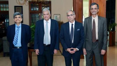 A delegation of senior Government of India officials, led by Foreign Secretary Vinay Mohan Kwatra, and consisting of Ajay Seth, Secretary, Department of Economic Affairs, Dr. V. Anantha Nageswaran, Chief Economic Advisor meet Sri Lanka Prime Minister Ranil Wickremesinghe (2nd left), in Colombo on Thursday. (ANI) A delegation of senior Government of India officials, led by Foreign Secretary Vinay Mohan Kwatra, and consisting of Ajay Seth, Secretary, Department of Economic Affairs, Dr. V. Anantha Nageswaran, Chief Economic Advisor meet Sri Lanka Prime Minister Ranil Wickremesinghe (2nd left), in Colombo on Thursday. (ANI)