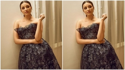 Parineeti decked up in a grey gown with off-shoulder and tulle details at the neckline. (Instagram/@parineetichopra)