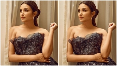 Parineeti’s gown featured intricate details in light grey threads and became a flowy gown below the waist. (Instagram/@parineetichopra)