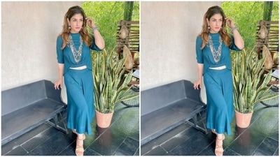 Raveena played muse to fashion designer house Milk Design Shop and picked a co-ord set from their shelves. (Instagram/@officialraveenatandon)