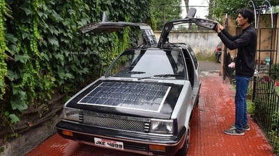 The car also boasts falcon-wing doors in the front - like those on the classic Mercedes-Benz 300SL and, more recently on the Tesla Model X. The car also boasts falcon-wing doors in the front - like those on the classic Mercedes-Benz 300SL and, more recently on the Tesla Model X.