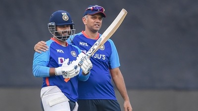 Head coach Rahul Dravid with player Rishabh Pant during a training session (PTI) Head coach Rahul Dravid with player Rishabh Pant during a training session (PTI)