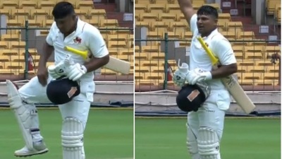 Sarfaraz Khan after reaching century in Ranji Trophy final (Twitter/BCCI)