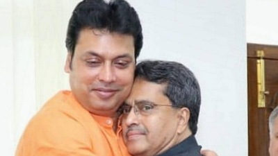 Former Tripura chief minister Biplab Kumar Deb with chief minister Manik Saha after his council of ministers took oath in May last month (PTI File Photo) Former Tripura chief minister Biplab Kumar Deb with chief minister Manik Saha after his council of ministers took oath in May last month (PTI File Photo)