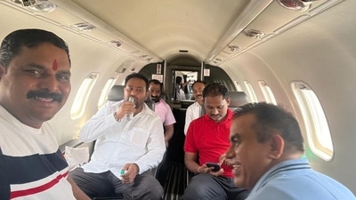 Shiv Sena MLA Nitin Deshmukh in a private plane along with other rebels.