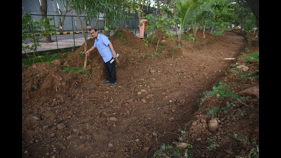 Senior citizens of Palm Beach Road in Navi Mumbai oppose the construction of the cycle track. Their concerns are that hundreds of trees they planted along the road would have to be uprooted for the track. (BACHCHAN KUMAR/HT PHOTO)