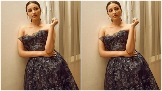 Parineeti decked up in a grey gown with off-shoulder and tulle details at the neckline.(Instagram/@parineetichopra)