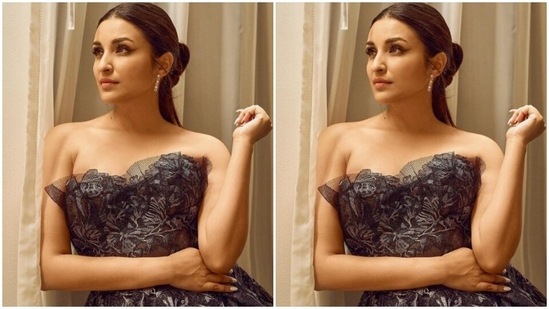 Parineeti’s gown featured intricate details in light grey threads and became a flowy gown below the waist.(Instagram/@parineetichopra)