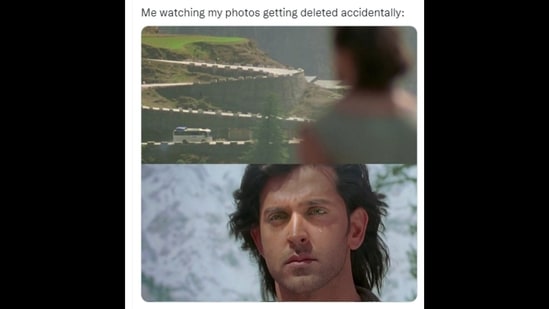 A meme posted by a Twitter user with Hrithik Roshan's scene from Krrish.(Twitter/@AnnyyShutUp)