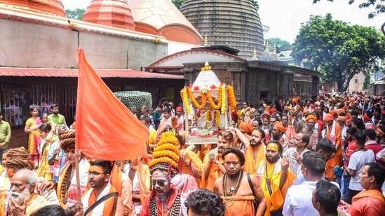 The annual Ambubachi Mela commenced at Assam's Kamakhya temple on June 23 and will continue for four days. This is the most important religious event of the temple and is also a significant part of the state's tourism calendar witnessing a footfall of around 25 lakh each year during the festival. The doors of the temple remain closed for four days in association with the belief in a fertility cult. It is believed that during this time Goddess Kamakhya receives her annual menstrual cycle.(PTI)