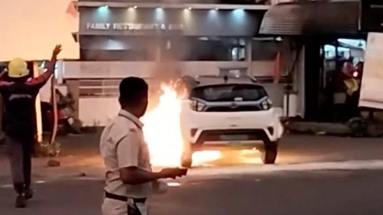 A Tata Nexon EV was damaged in a fire incident in the Vasai area in Mumbai on Tuesday. (Image courtesy: Twitter/@KamalJoshi108) A Tata Nexon EV was damaged in a fire incident in the Vasai area in Mumbai on Tuesday. (Image courtesy: Twitter/@KamalJoshi108)