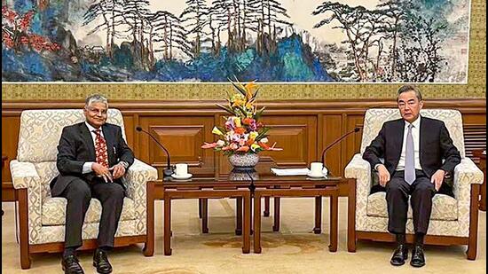 Indian Ambassador to China Pradeep Kumar Rawat meets Chinese Foreign Minister Wang Yi, at Diaoyutai State Guest House in Beijing on Wednesday. (PTI)