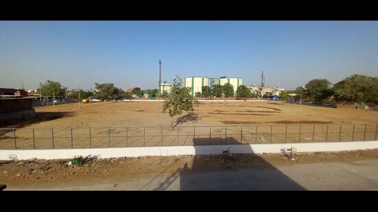 The work on the sports park at the Haibowal Dairy Complex started last year and was to come up at a cost of ₹49 lakh. Around 90% of the work has been completed. (HT Photo)