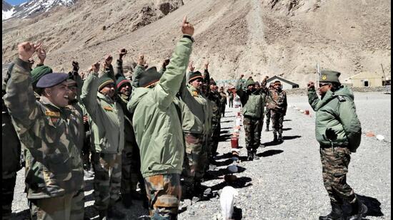 India’s Chief of the Army Staff General Manoj Pande (right) interacts with the troops as he visits forward areas in Ladakh. (ANI)