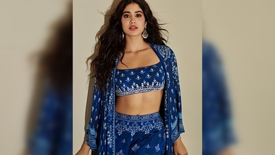 Janhvi Kapoor kept it comfy yet stylish in this luxurious indigo jacket sharara set 'inspired by the sounds of rushing water.'(Instagram/@janhvikapoor)
