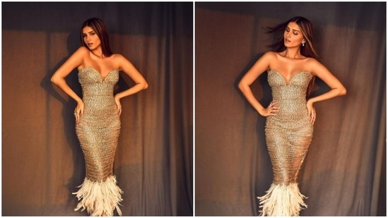 In an earlier Instagram post, Tara Sutaria can be seen making fans go gaga over her Marilyn Monroe inspired look in an embellished bodycon dress with fur detailing.(Instagram/@tarasutaria)