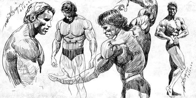 A sketch by the artist showing showing bodybuilders. A sketch by the artist showing showing bodybuilders.