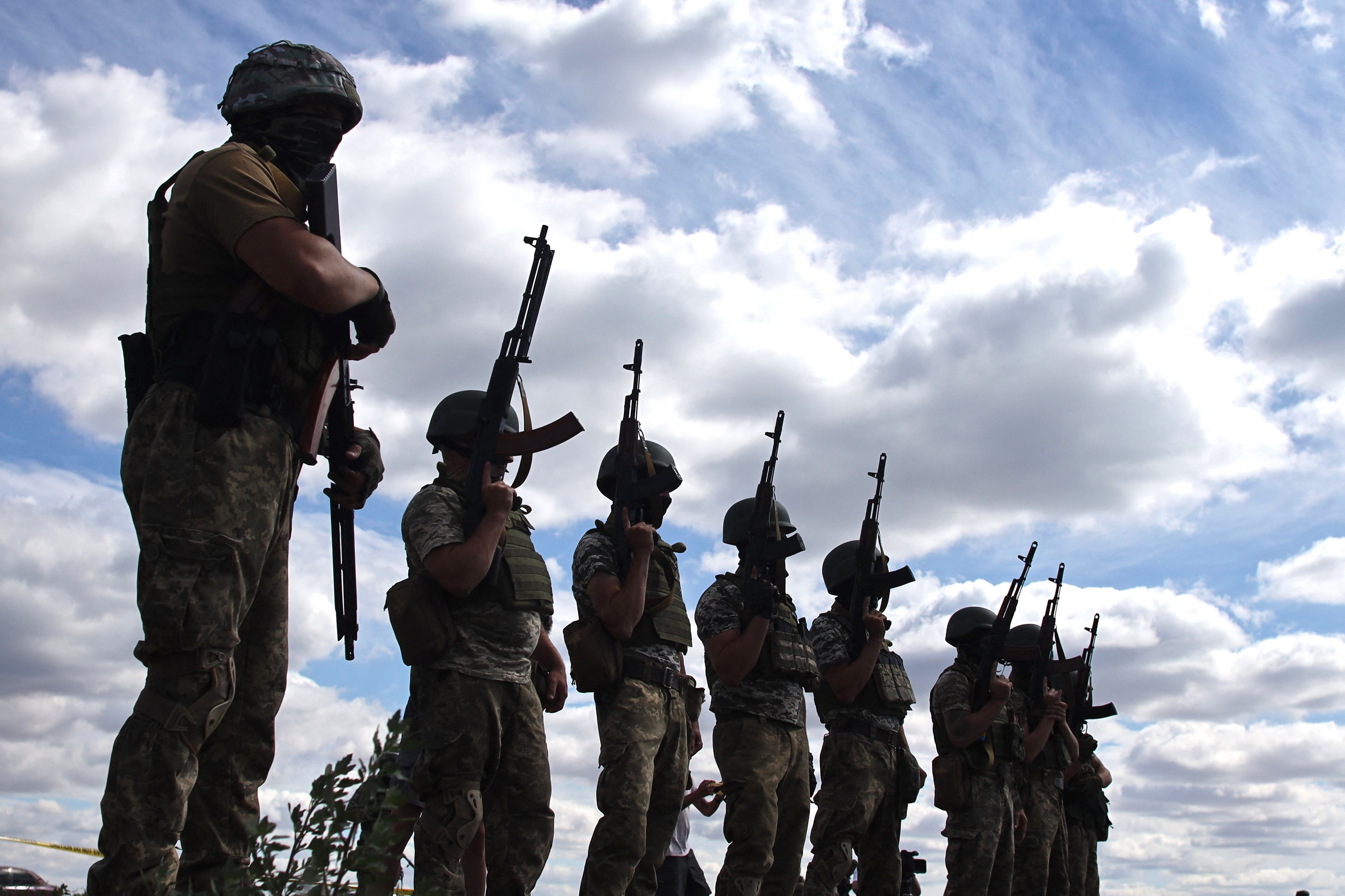 Servicemen of the 126th Separate Territorial Brigade of the Armed Forces of Ukraine take part in military exercises in Odessa region on June 22, 2022. (AFP) Servicemen of the 126th Separate Territorial Brigade of the Armed Forces of Ukraine take part in military exercises in Odessa region on June 22, 2022. (AFP)