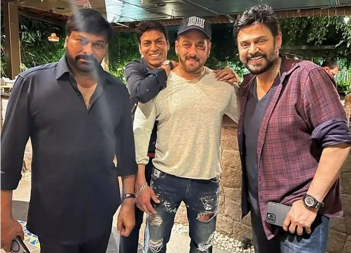 Salman Khan posed with actors Chiranjeevi and Venkatesh at a get-together in Hyderabad. Salman Khan posed with actors Chiranjeevi and Venkatesh at a get-together in Hyderabad.