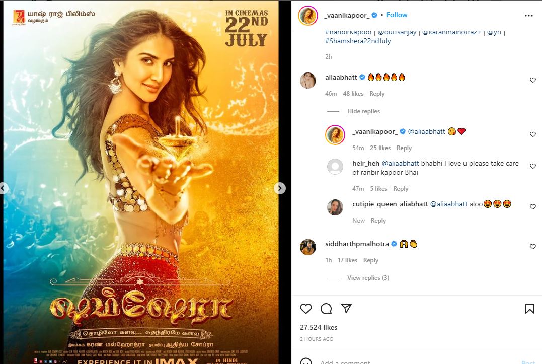A glimpse of Vaani Kapoor's post.