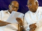 New Delhi, India - June 21, 2022: NCP leader Sharad Pawar, Congress leader Mallikarjun Kharge, during a press conference after the opposition parties meeting to decide candidate for the upcoming presidential election,  (HT File Photo)