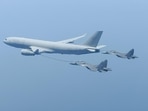 UAE Air Force MRTT aircraft assists mid-air refuelling the IAF Su-30 MkI.(Twitter / @IAF_MCC) UAE Air Force MRTT aircraft assists mid-air refuelling the IAF Su-30 MkI.(Twitter / @IAF_MCC)