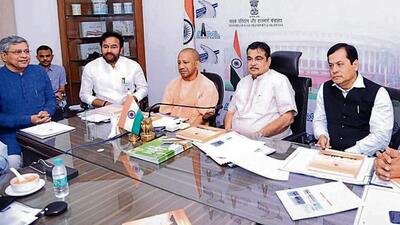 Chief minister Yogi Adityanath with Union ministers Nitin Gadkari, Ashvini Vaishnav, Sarbananda Sonowal, G Kishan Reddy during a meeting in Delhi on Friday. Minister of state VK Singh was also present. (SOURCED IMAGE ) Chief minister Yogi Adityanath with Union ministers Nitin Gadkari, Ashvini Vaishnav, Sarbananda Sonowal, G Kishan Reddy during a meeting in Delhi on Friday. Minister of state VK Singh was also present. (SOURCED IMAGE )