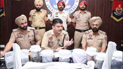 The Punjab Police also seized 11 weapons, two vehicles and foreign currency worth ₹8 lakh from the Pinda gang members. (HT Photo) The Punjab Police also seized 11 weapons, two vehicles and foreign currency worth ₹8 lakh from the Pinda gang members. (HT Photo)